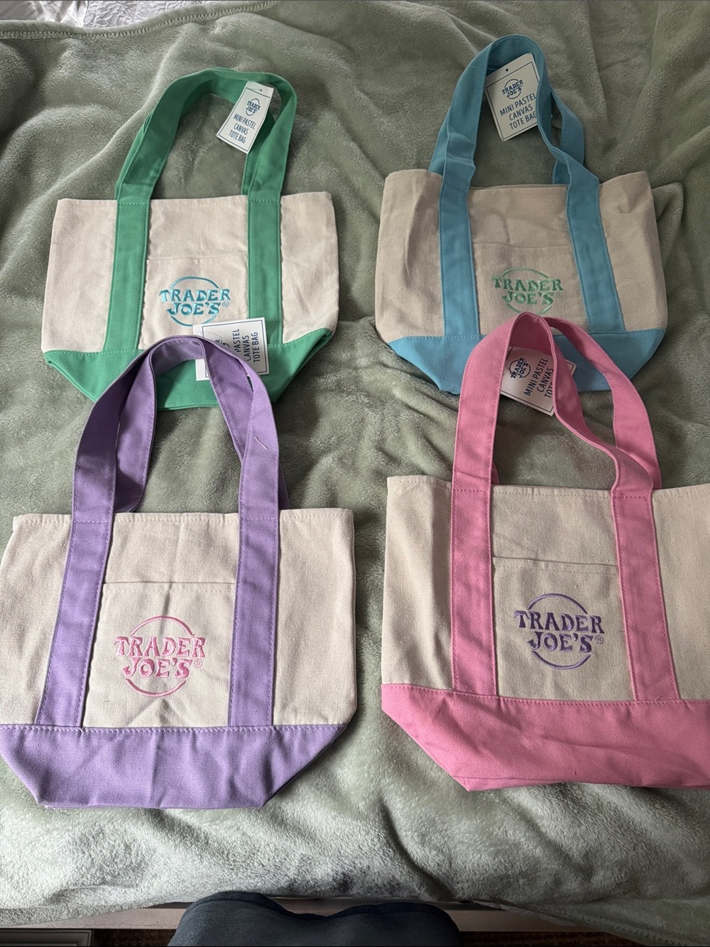 Trader Joe’s Canvas Mini Tote Bag-Pink/Purple/Green/Blue Accents - Bundle of 4